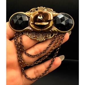 Vintage Brass Brooch Victorian Revival Dangle Chains